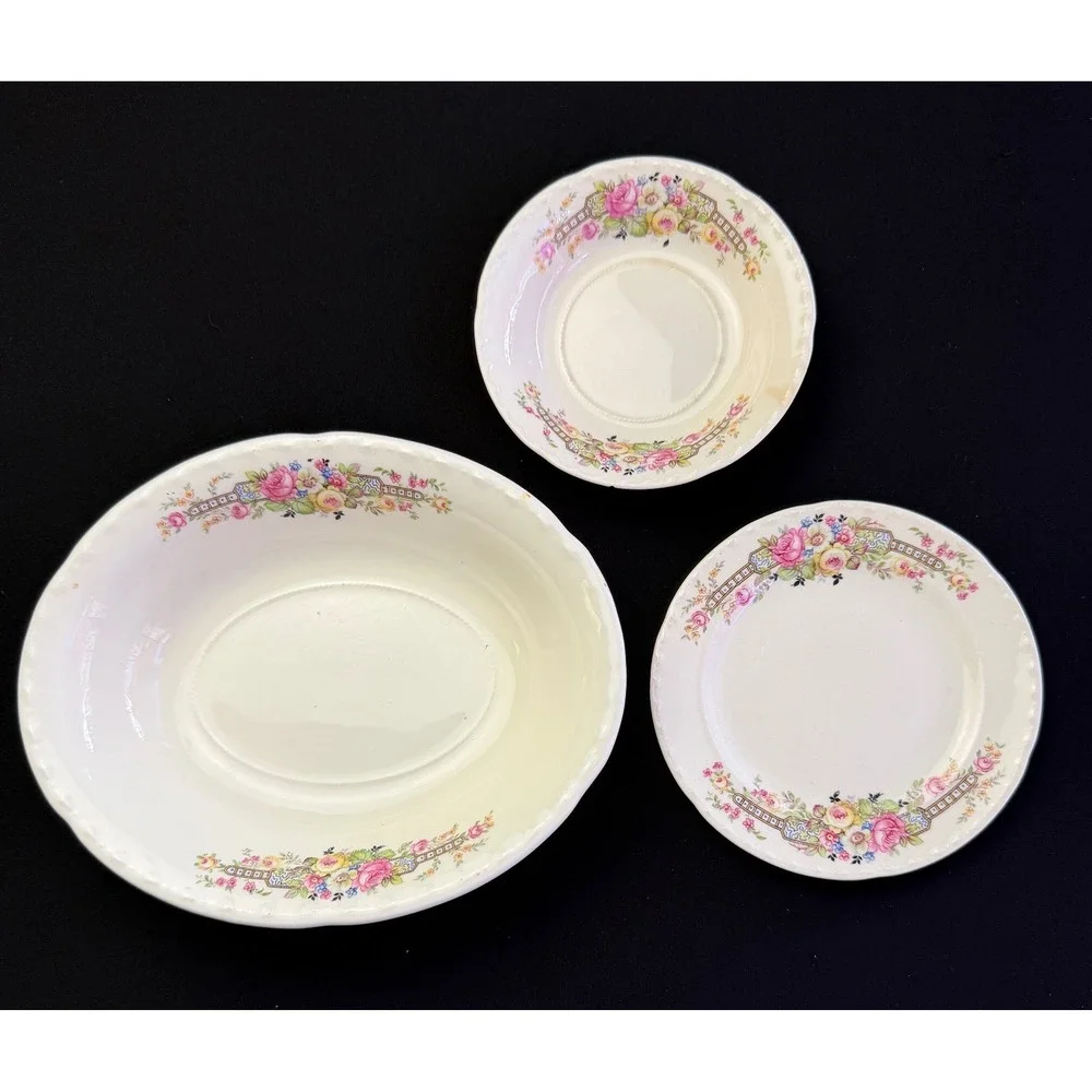 Vintage Crooksville China Co Floral 3pc Set Bowl Plate Saucer 644 Pink Rose USA